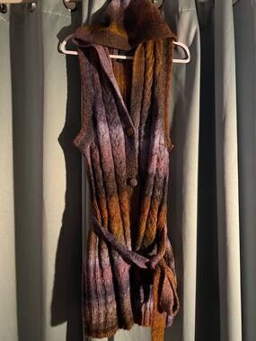Lane Bryant Sleeveless Hooded Tie Long Sweater Vest in Purple and Brown 14W XL